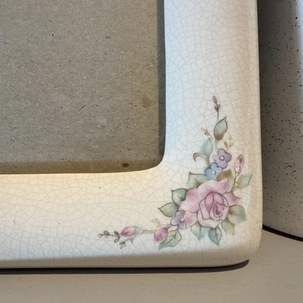 Burnes of Boston Porcelain Off White And Pink Flowers‎ 5x7 Photo Frame Vintage